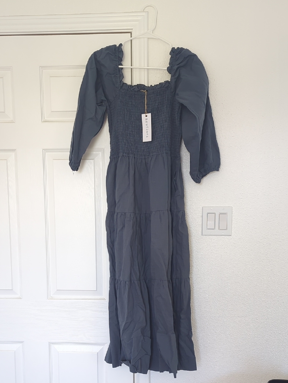 Neuflora Odessa Dress Smocked Puff Sleeve Midi Linen Blend Dress in Slate Blue